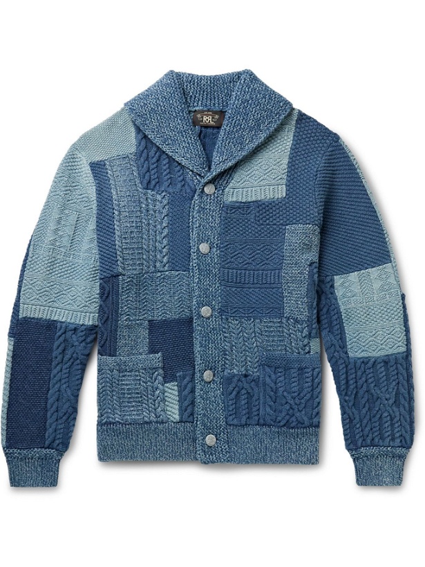 Photo: RRL - Shawl-Collar Patchwork Cable-Knit Cotton and Linen-Blend Cardigan - Blue