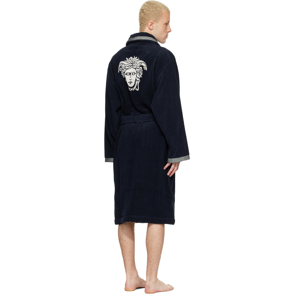 Versace Navy Cotton-Terry Jacquard Bathrobe