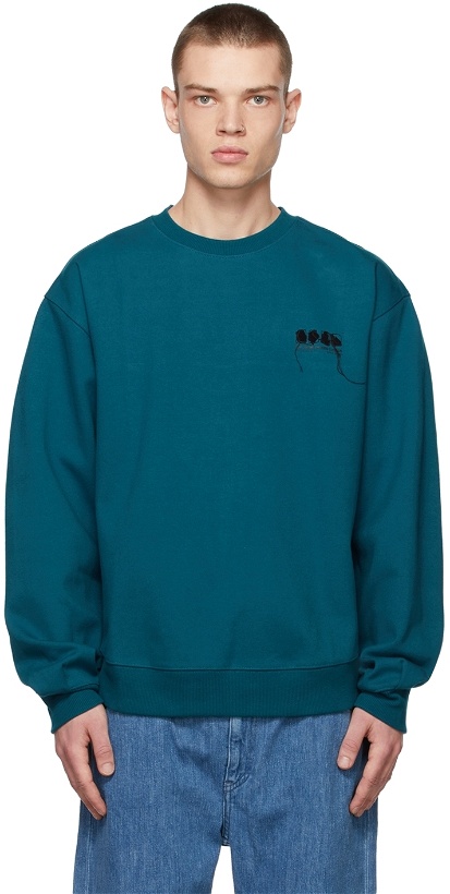 Photo: ADER error Blue Stitched Logo Crewneck Sweater