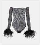 Oseree - Feather-trimmed mesh bodysuit