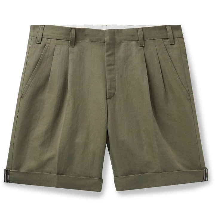 Photo: Brioni - Pleated Linen and Cotton-Blend Twill Bermuda Shorts - Green