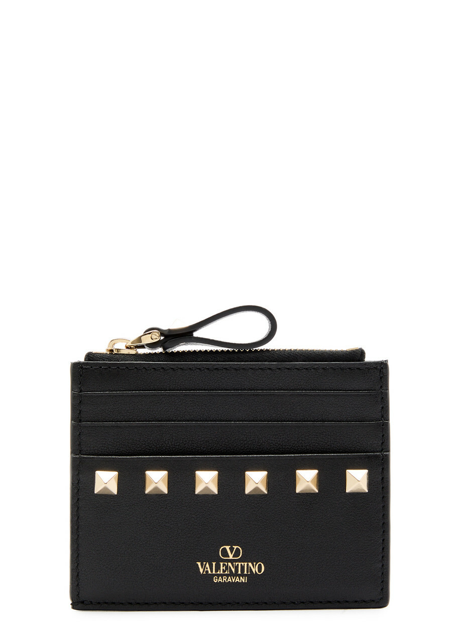 Valentino Rockstud Grained Leather Card Holder - Black - One Size