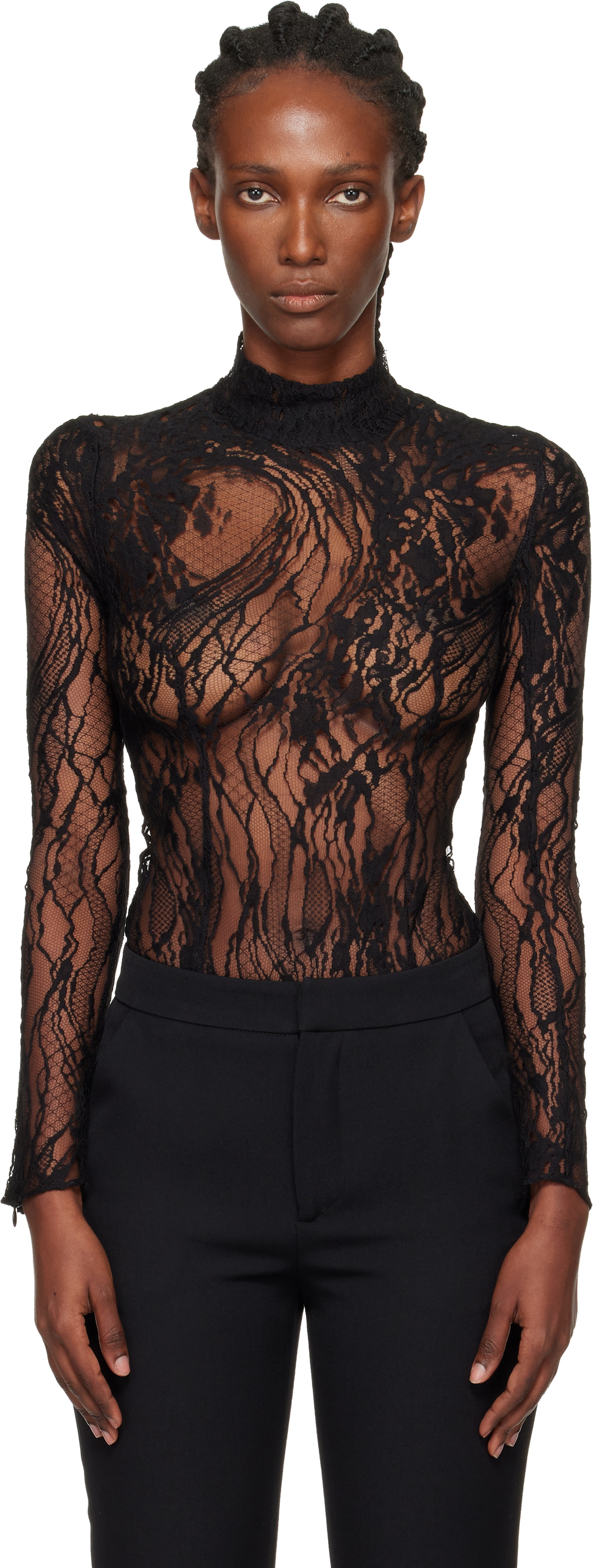 Balmain Black Long-Sleeved Lace Bodysuit