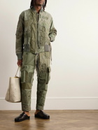 Greg Lauren - Mixed Army Flight Patchwork Button-Embellished Cotton Zip-Up Jacket - Green