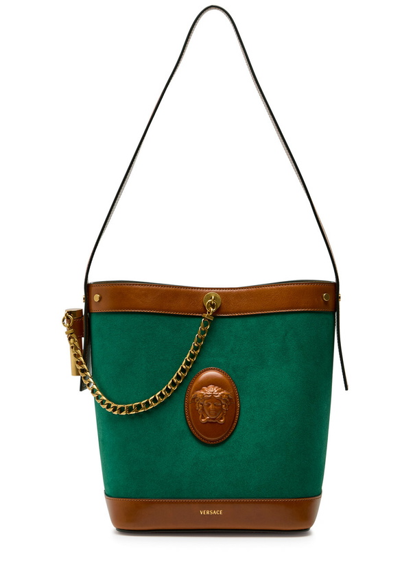 Photo: Versace Chain Small Leather and Suede Bucket bag - Green - One Size