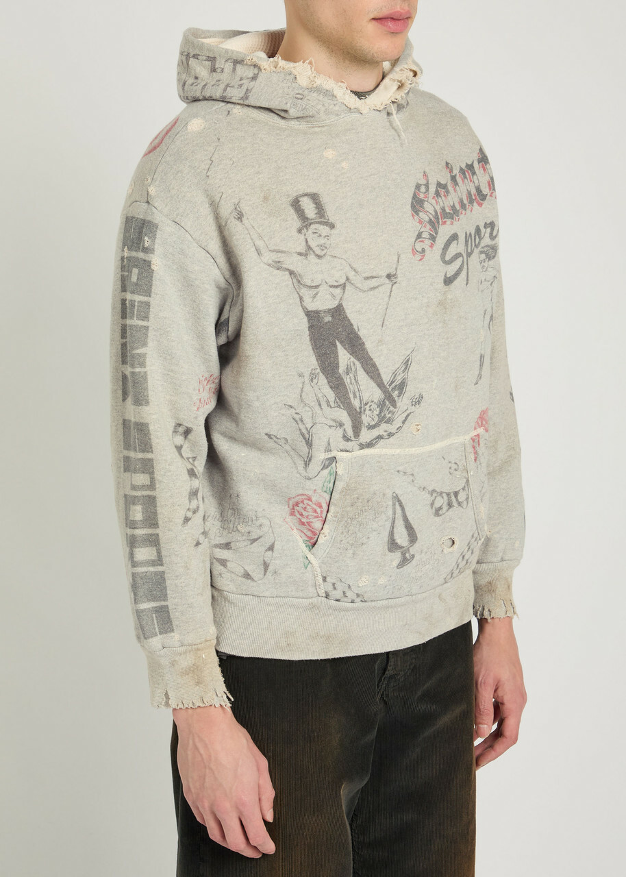 Saint Mxxxxxx X Alexis Drawing Distressed Hooded Cotton Sweatshirt Grey
