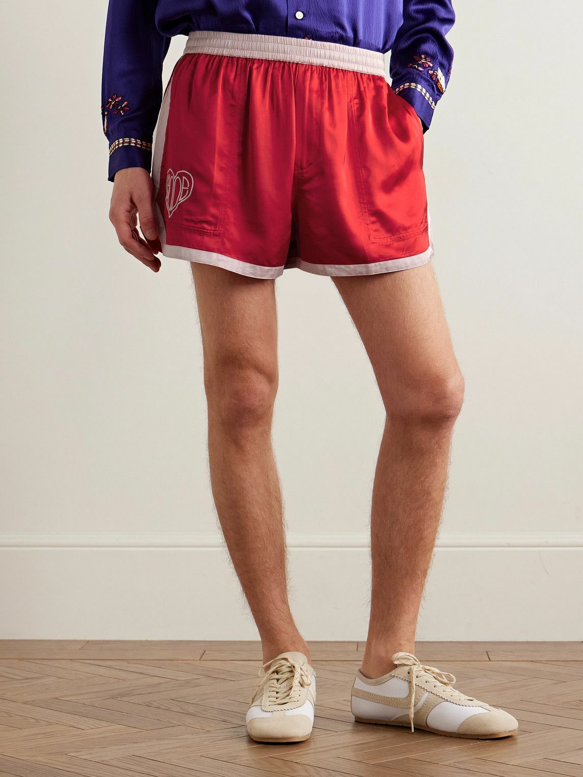 BODE - Wide-Leg Logo-Embroidered Two-Tone Satin Shorts - Red