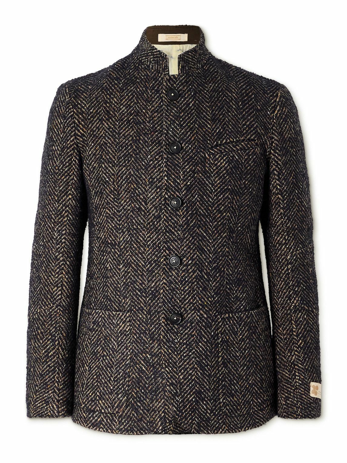 Massimo Alba Gstaad Nehru Collar Herringbone Woven Jacket Brown 