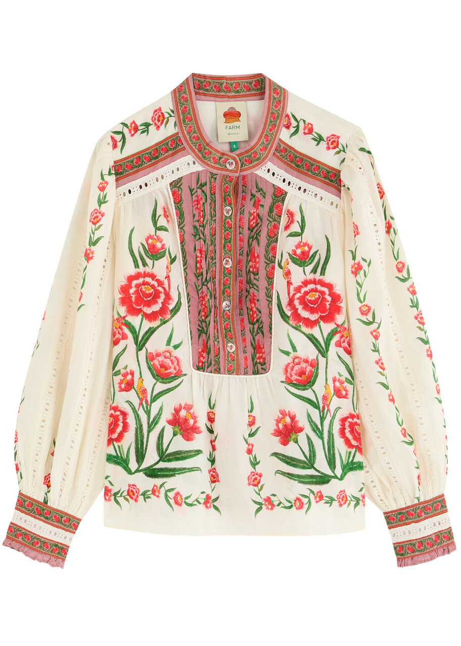 Farm Rio Anika Floral-print Cotton-blend Blouse Cream