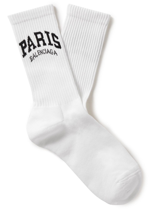 Photo: Balenciaga - Cities Logo-Jacquard Ribbed Cotton-Blend Socks - White