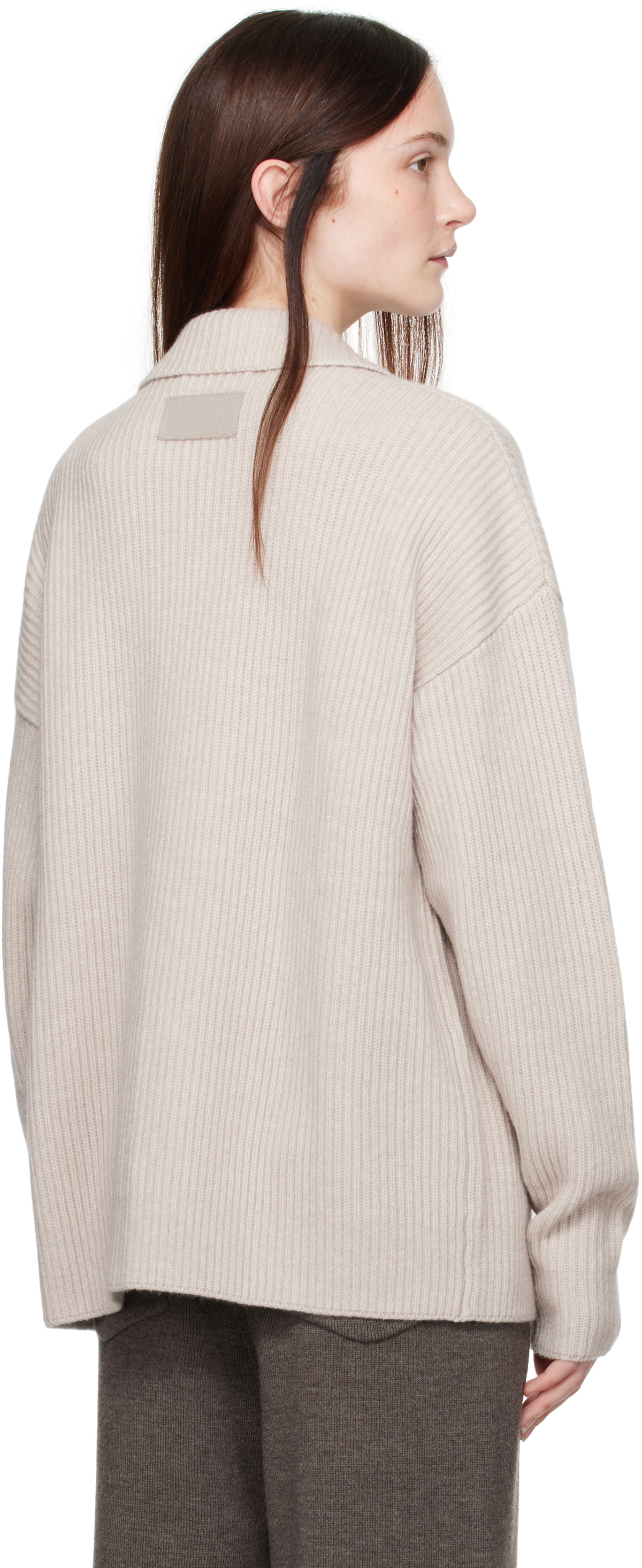 Aya Muse Beige Cashmere Collared Zip Cardigan