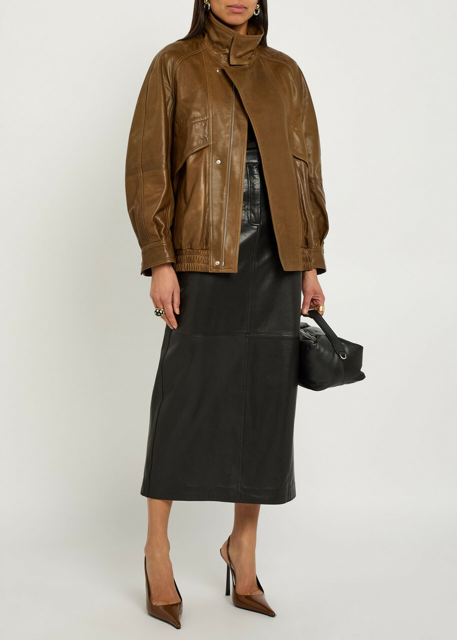 Nour Hammour Ghalia Panelled Leather Midi Skirt Black