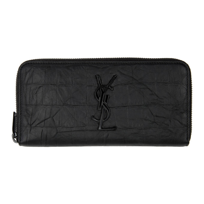 Photo: Saint Laurent Black Croc Monogramme Zip Around Wallet