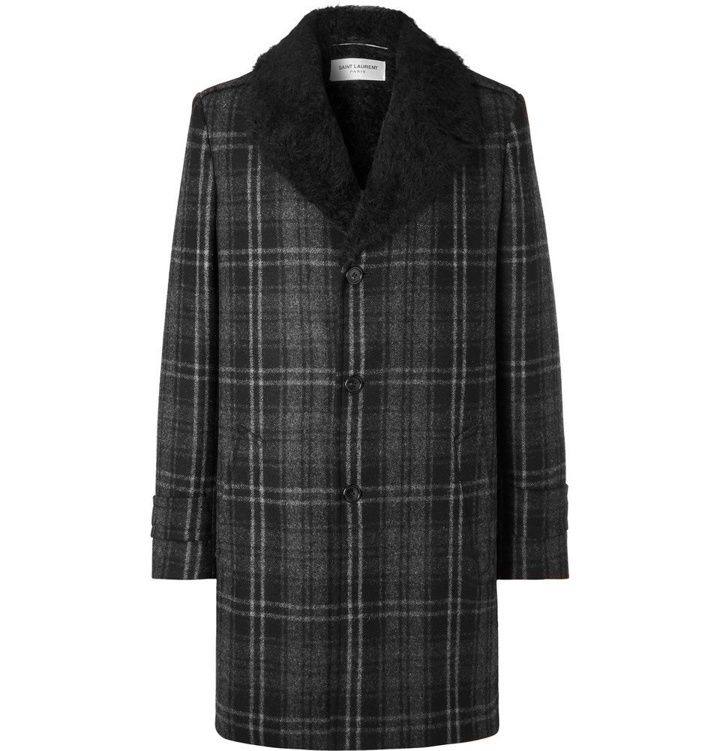 Photo: SAINT LAURENT - Faux Shearling-Lined Checked Wool-Bouclé Overcoat - Anthracite