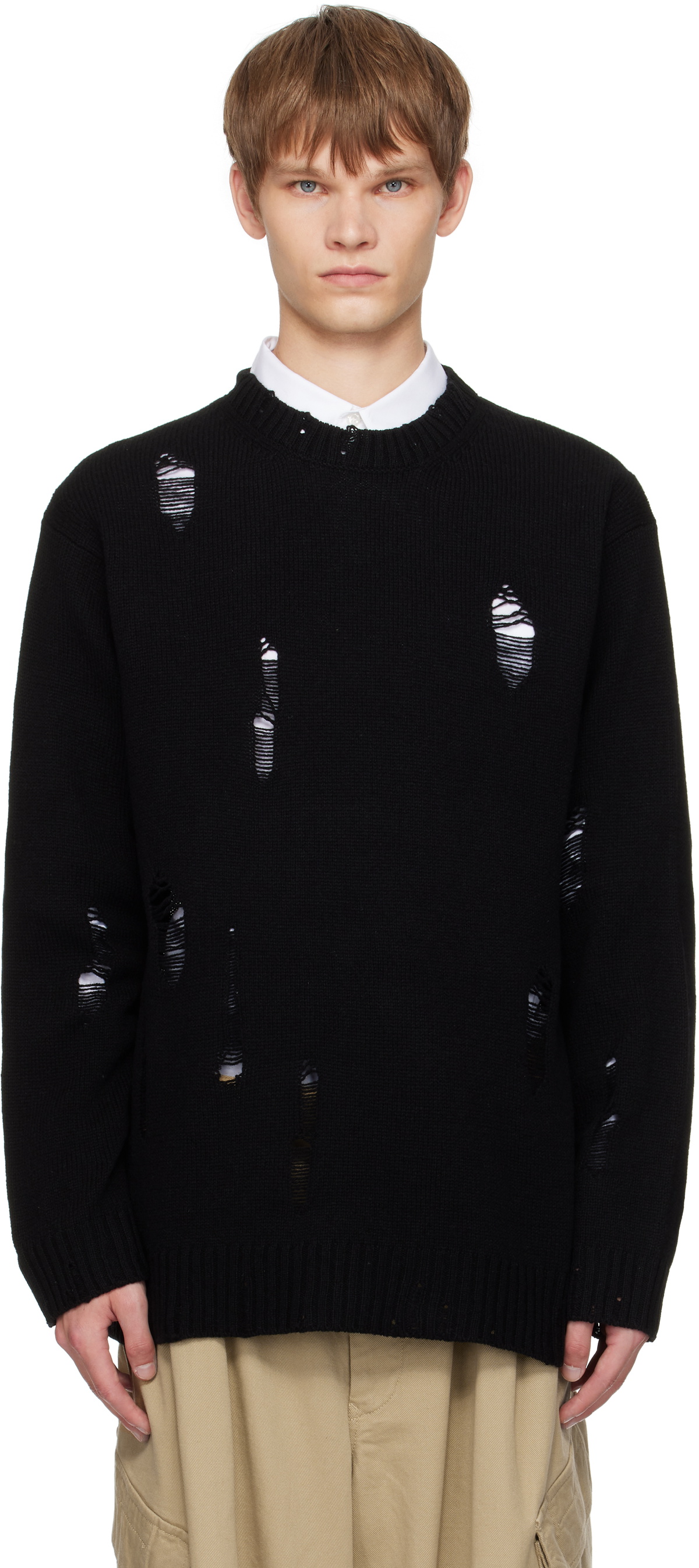 YOHJI YAMAMOTO Black Plain Stitch Crashed Round Neck Sweater