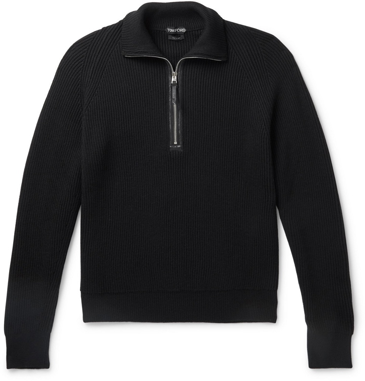 Photo: TOM FORD - Slim-Fit Leather-Trimmed Ribbed Merino Wool Half-Zip Sweater - Black