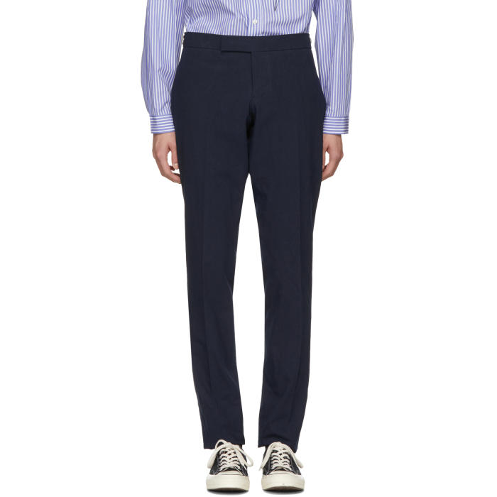 Photo: Thom Browne Navy Low-Rise Skinny Side Tab Trousers