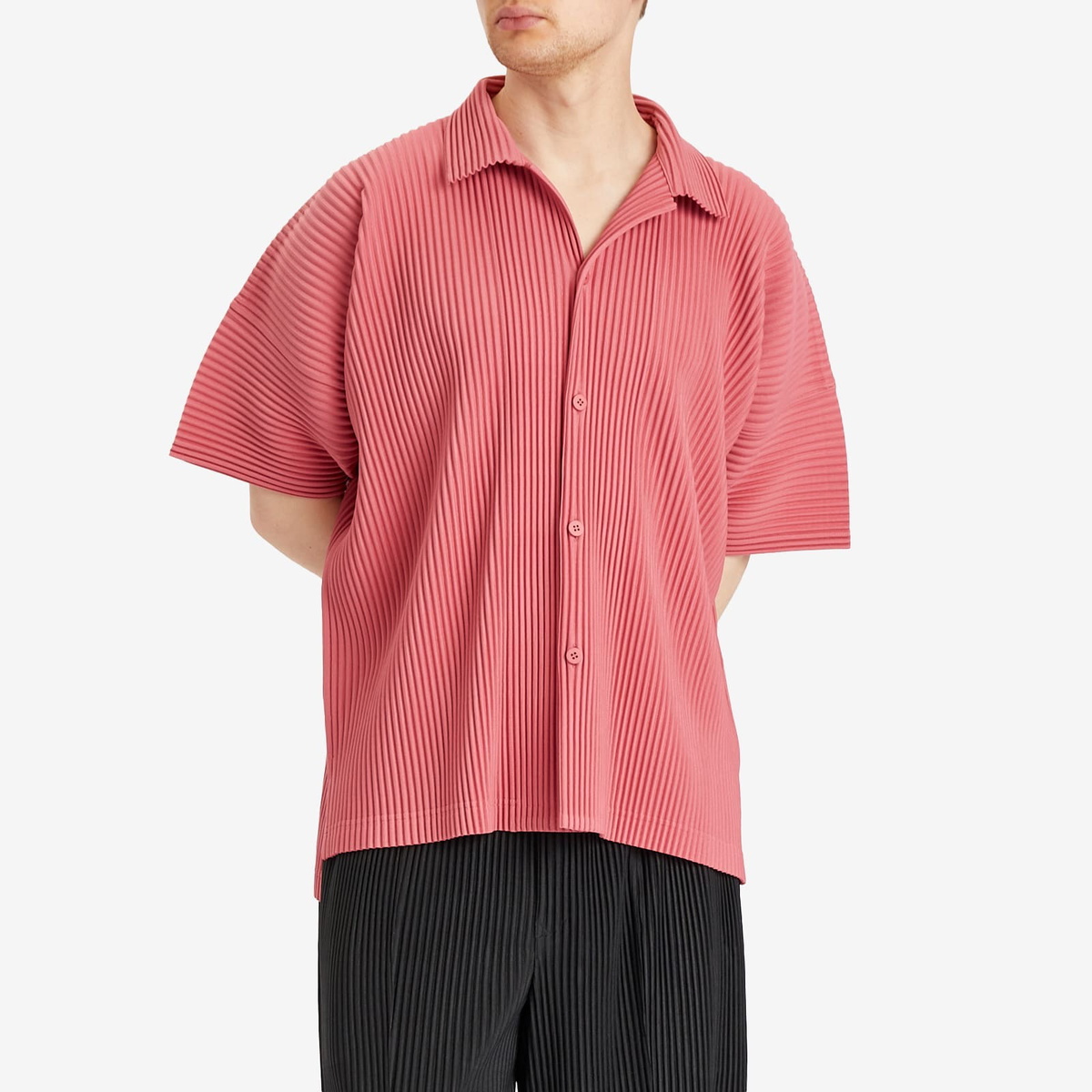 ISSEY MIYAKE MEN / 半袖シャツ/3/ポリエステル/RED/ストライプ/ME53FJ080/シワ加工 Homme Plissé Issey Miyake Men's Pleated Vacation Shirt in Dusky