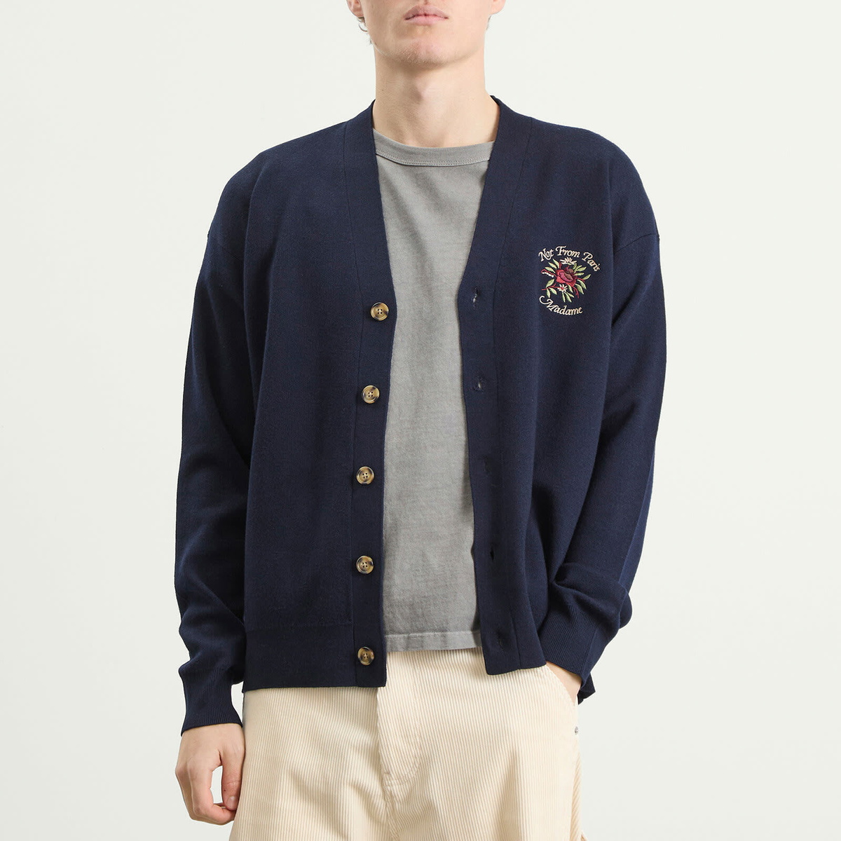 Drôle de Monsieur Men's Rose Slogan Cardigan in Navy