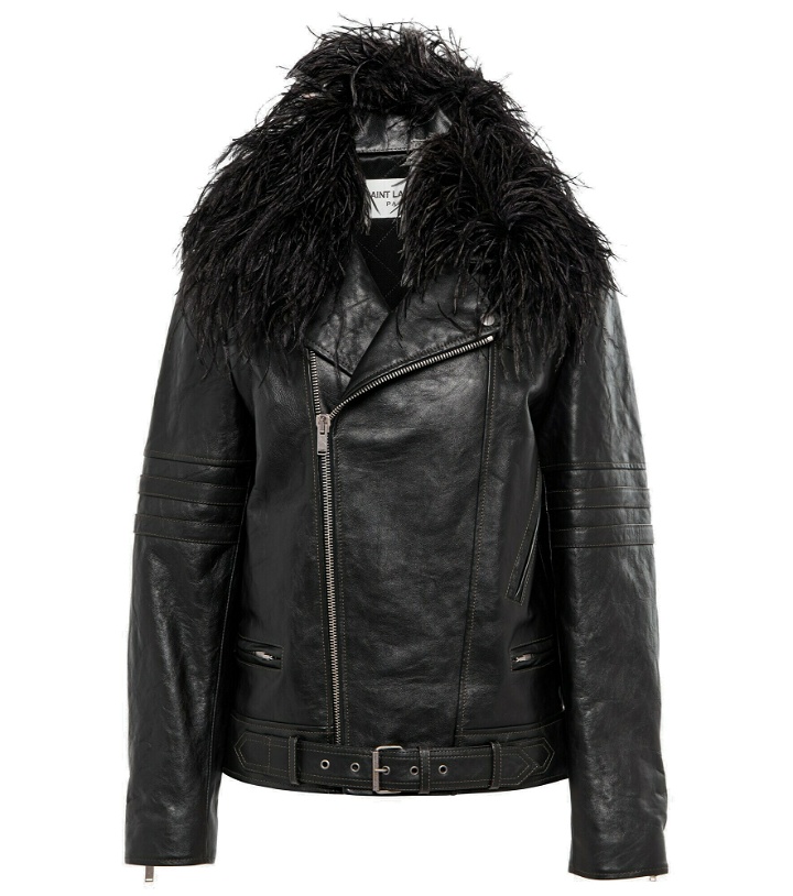 Photo: Saint Laurent - Feather-trimmed leather biker jacket