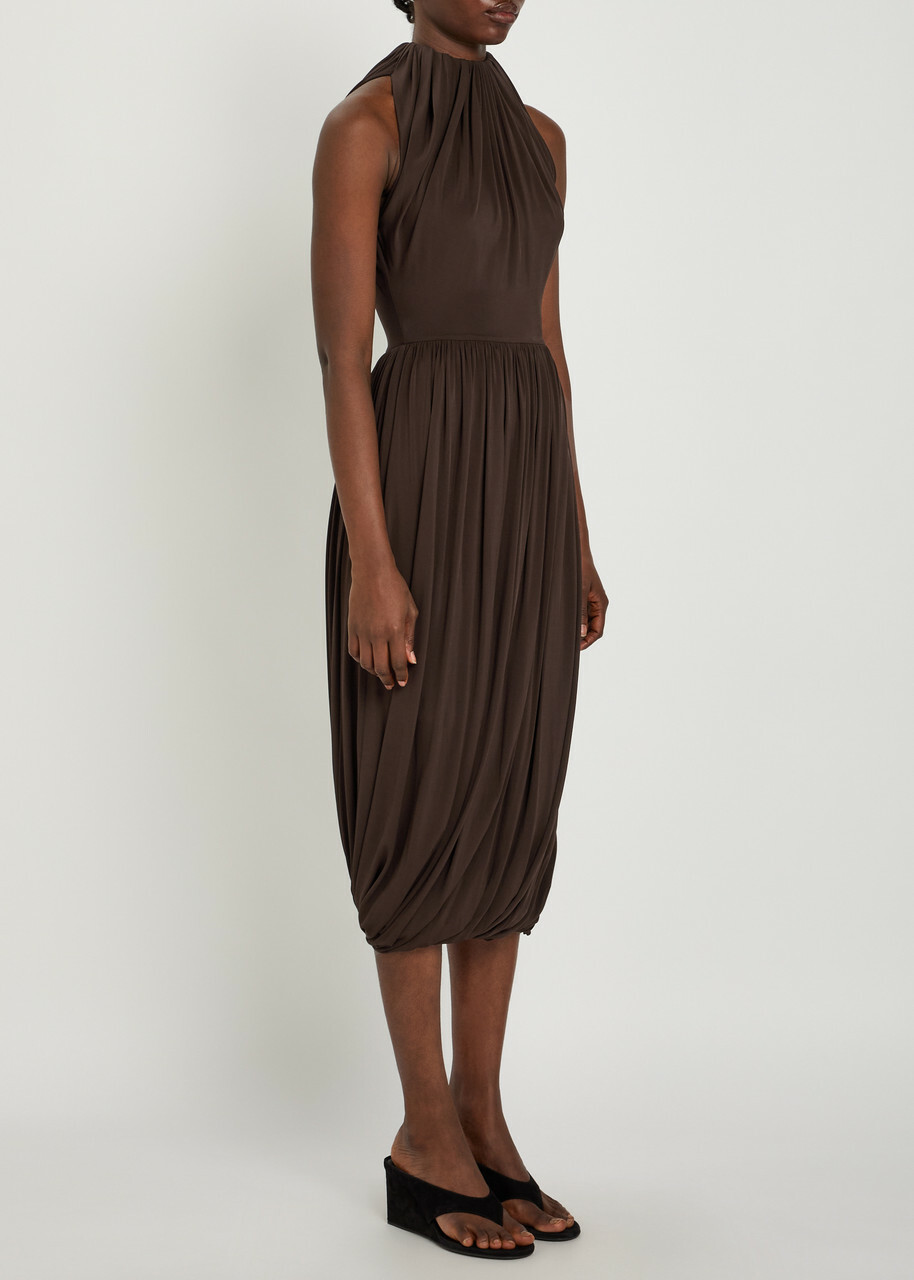 Alaïa Sculpting Ruched Wool Midi Dress Dark Brown