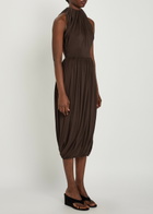 Alaïa Sculpting Ruched Wool Midi Dress Dark Brown