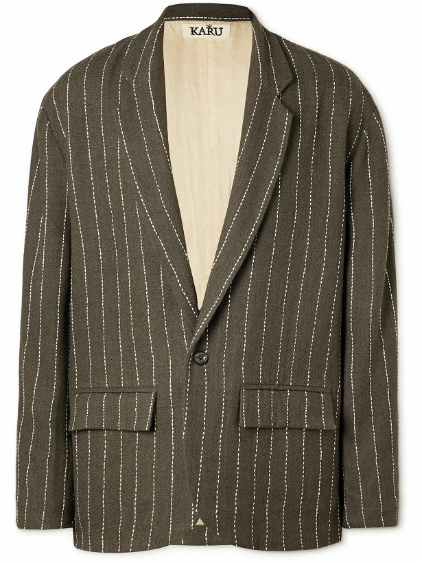 Photo: Karu Research - Unstructured Embroidered Pinstriped Wool Blazer - Green