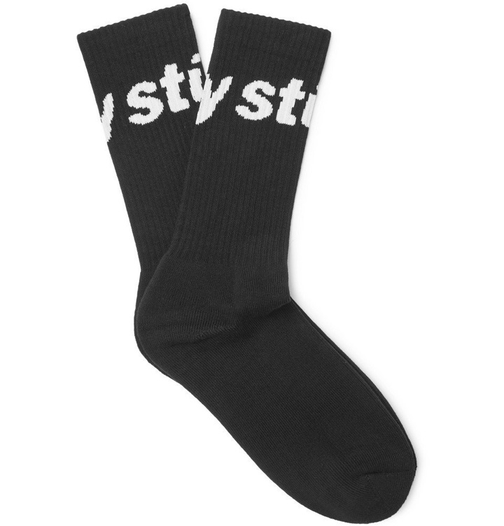 Photo: Stüssy - Ribbed Logo-Intarsia Cotton-Blend Socks - Black
