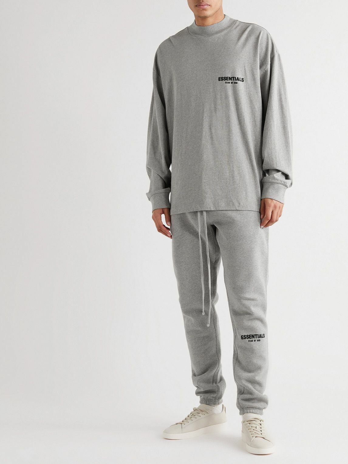 FEAR OF GOD ESSENTIALS - Logo-Flocked Cotton-Jersey T-Shirt - Gray Fear ...