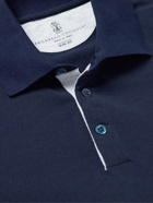 Brunello Cucinelli - Logo-Print Cotton-Piqué Polo Shirt - Blue