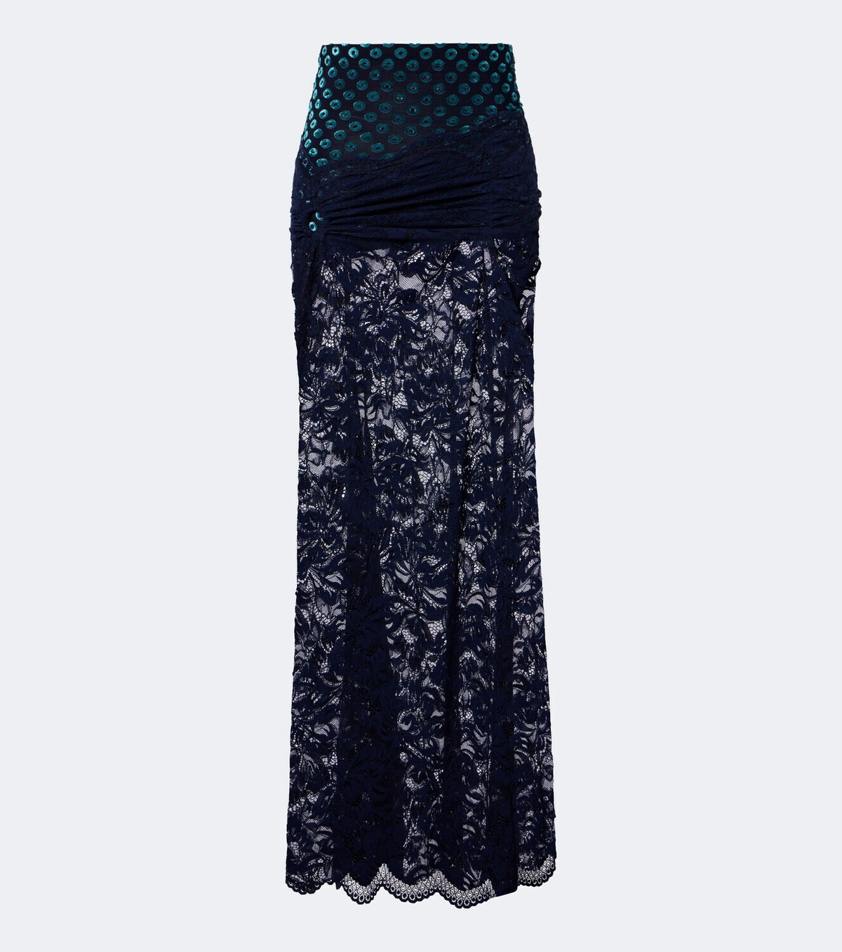 Rabanne Gathered lace and velvet maxi skirt