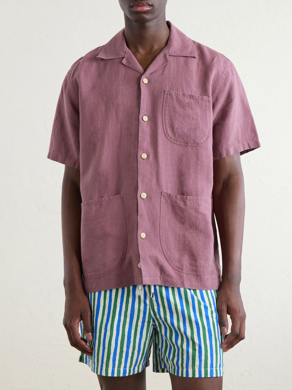 Drake's - Camp-Collar Linen Shirt - Burgundy