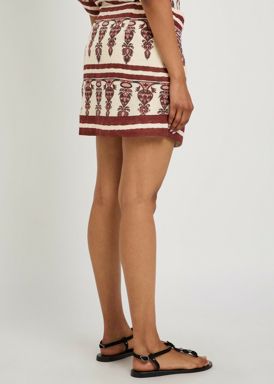 Johanna Ortiz Roots Printed Linen Mini Wrap Skirt Ecru