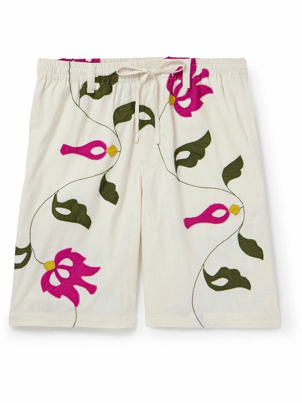 Photo: Kardo - Embroidered Appliquéd Cotton Drawstring Shorts - Neutrals