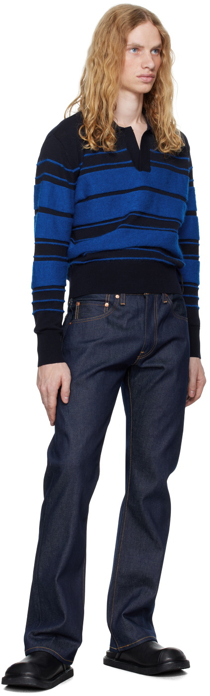 SUNNEI Blue Striped Knit Long Sleeve Polo