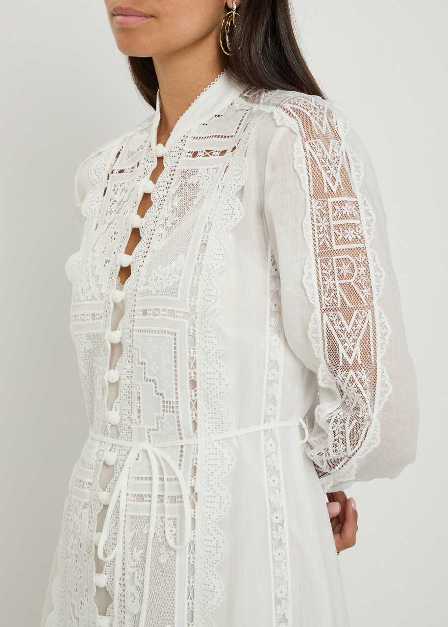 Zimmermann Aster Embroidered Belted Ramie Midi Dress Ivory