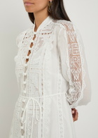 Zimmermann Aster Embroidered Belted Ramie Midi Dress Ivory