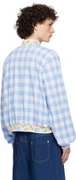 Anna Sui Blue Gingham Terry Baseball Bomber Jacket