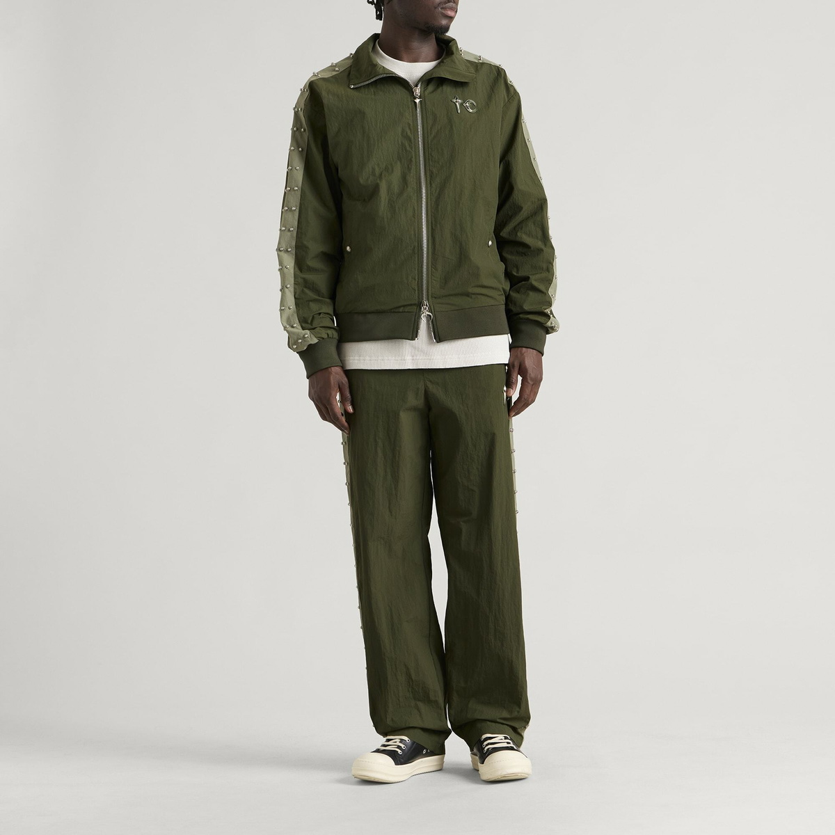 Thug Club Men's Triple Line Stud Track Jacket in Khaki