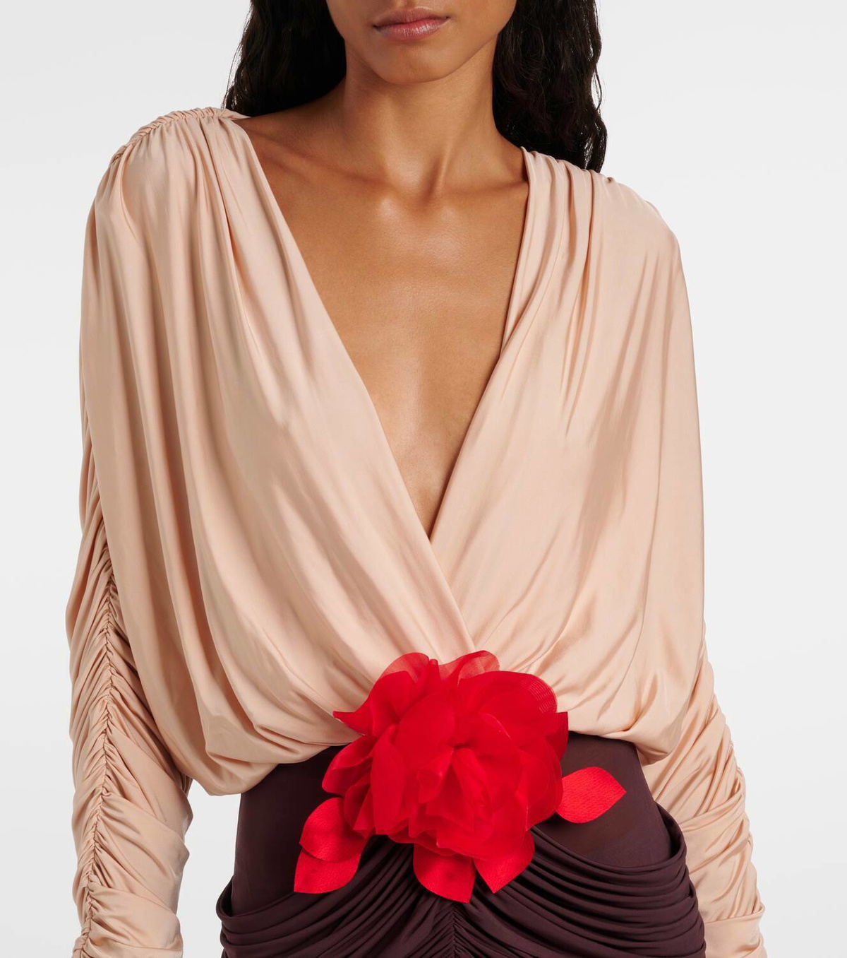 knee length dresses for ladies Mew Mews Eitan Long Sleeve Ruched Draped Midi Dress