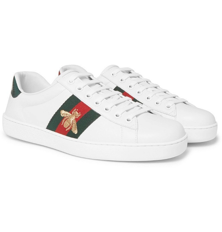 Photo: Gucci - Ace Watersnake-Trimmed Embroidered Leather Sneakers - Men - White