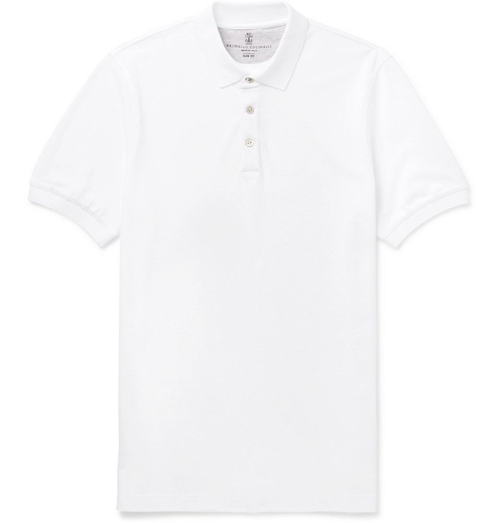 Photo: Brunello Cucinelli - Slim-Fit Linen-Trimmed Cotton-Piqué Polo Shirt - Men - White