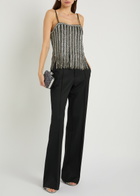 Alice + Olivia Chi Embellished Fringed Stretch-mesh top Black