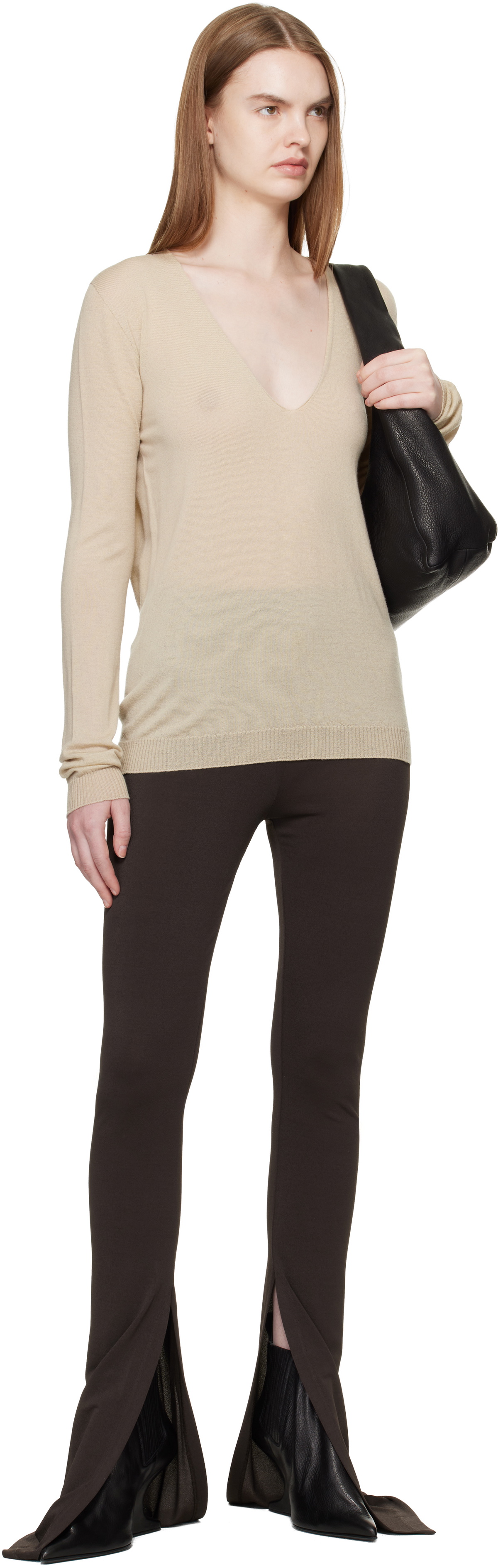 Rick Owens Khaki Temple V Neck Pull Sweater