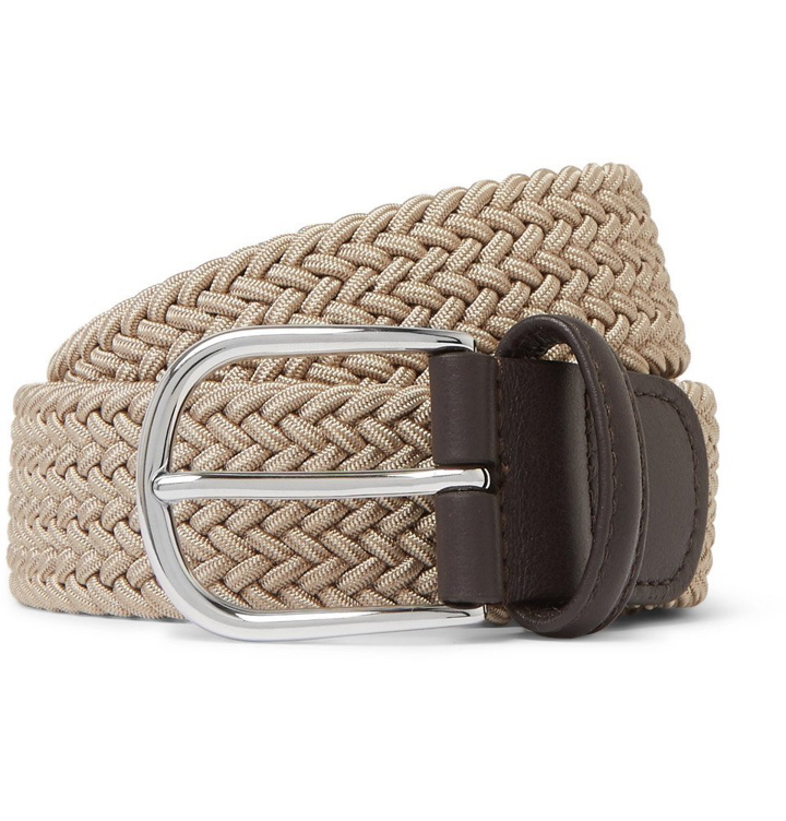 Photo: Anderson's - 3.5cm Ecru Leather-Trimmed Woven Elastic Belt - Beige