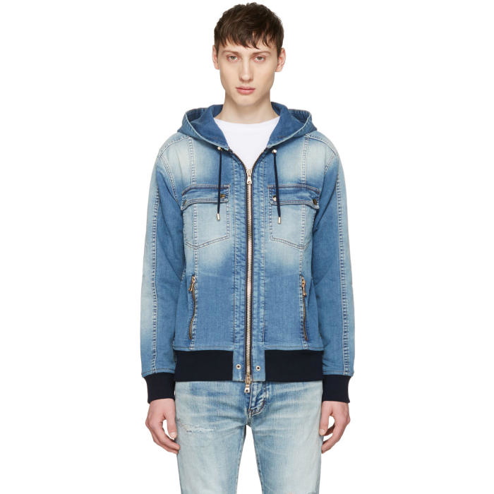 Photo: Balmain Blue Denim Zip Hoodie