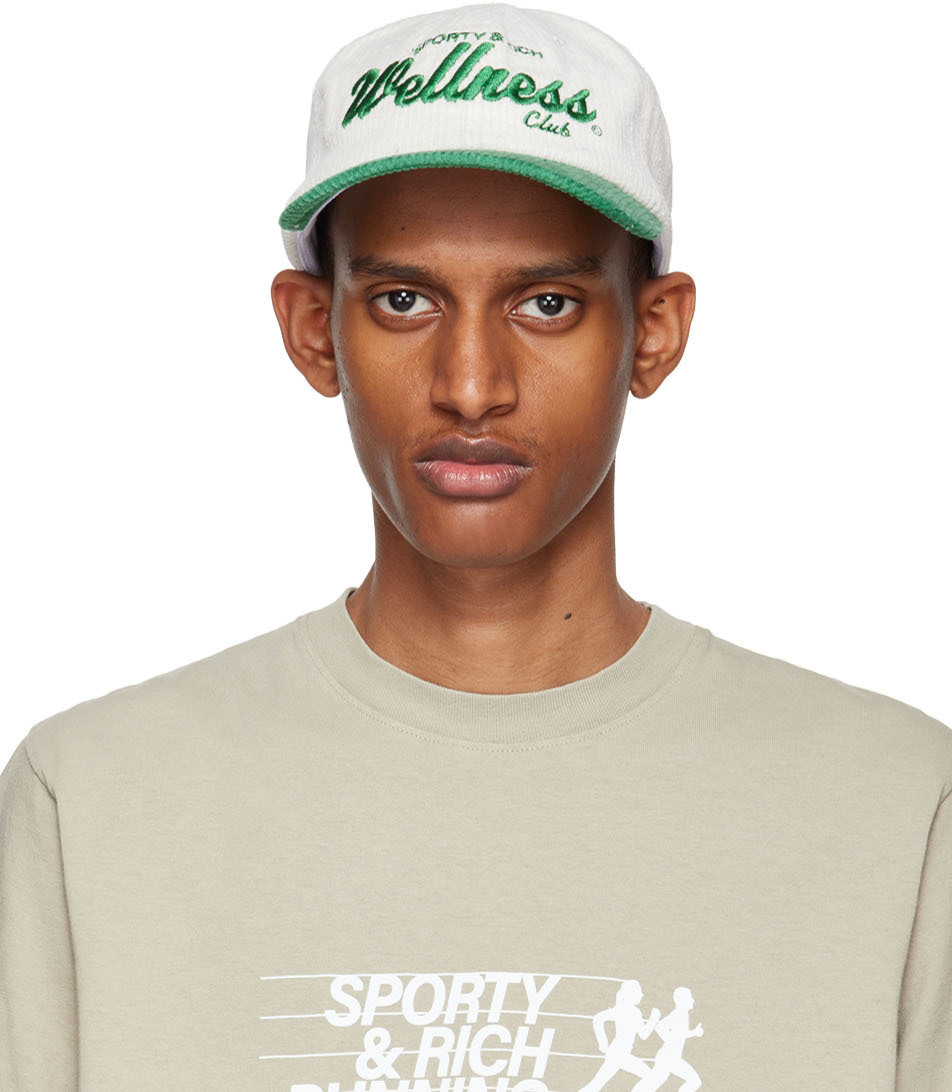 Sporty & Rich Off-White & Green Corduroy Wellness Club Cap Sporty