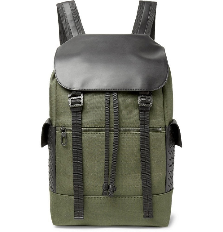 Photo: Bottega Veneta - Sassolungo Nylon-Canvas and Intrecciato Leather Backpack - Men - Army green