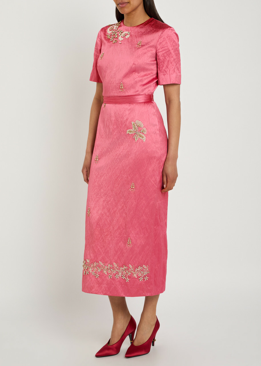 Erdem Embellished Satin Midi Dress Pink