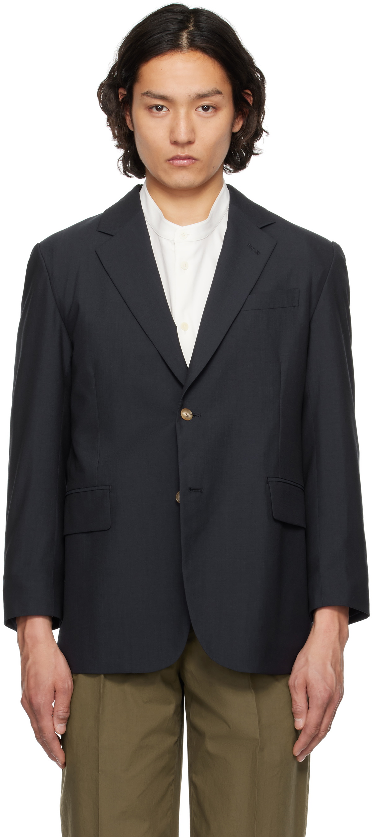 YLÈVE Navy Wool Chambray Blazer